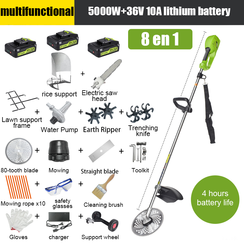 [8 em 1] Bateria de lítio de 5000 W, 36 V 10A * 3, 4 horas de duração da bateria, cabeça de serra elétrica, faca escarificadora, faca de trincheira, bomba de água, lâmina de 80 dentes, cabeça de corte, corda de corte * 10, lâmina reta , roda de suporte, estrutura de suporte para relva, suporte para medidor, conjunto completo de acessórios