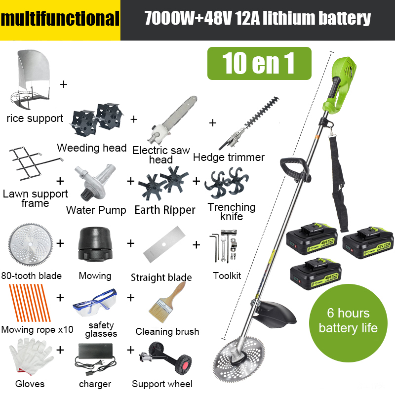 [10 em 1] Bateria de lítio de 7000 W, 48 V 12A * 3, 6 horas de duração da bateria, cabeça de serra elétrica, faca escarificadora, faca de vala, bomba de água, lâmina de 80 dentes, cabeça de corte, corda de corte * 10, lâmina reta , roda de suporte, estrutura de suporte de relva, suporte de arroz, corta-sebes, cabeça de capina, conjunto completo de acessórios